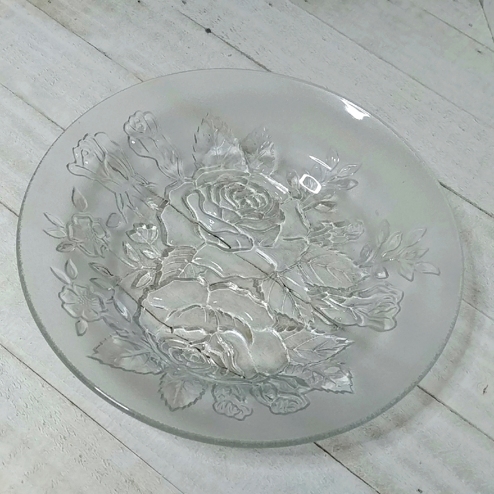 Vintage Firna Rose 3D Pattern Floral Clear Glass Plate